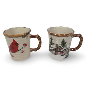 St Nicholas Square Snow Valley Coffee Mugs Cardinal Cabin Pine Tree Lot of 2